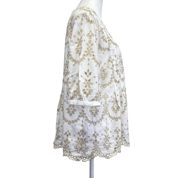 FEATHER BONE Anthropologie Medina White Eyelet Scalloped Blouse Boho Wmns Sz 12 - Picture 6 of 12